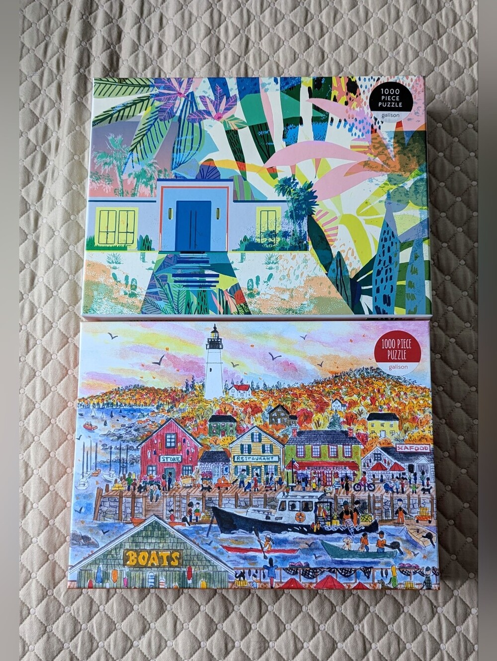 Two Colorful 1000-Piece Puzzles- Tropical Entrance & Coastal Harbor